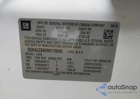 2017 Chevrolet Equinox Lt z USA, uszkodzony, nr VIN 2GNALCEK6H6178643